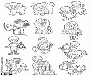The twelve signs of the Zodiac coloring page
