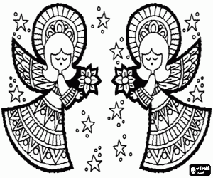 Two angels and Christmas flowers coloring page