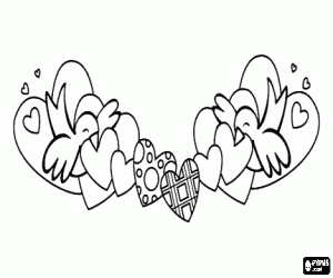 Two birds with many hearts coloring page