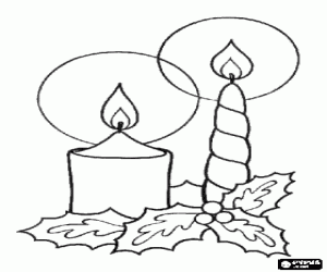 Two candles and holly leaves coloring page