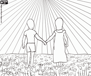 Two children enjoying the spring coloring page