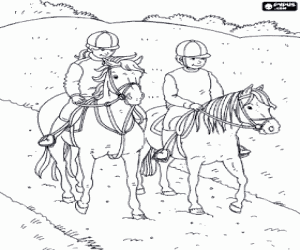 Two children on horseback coloring page