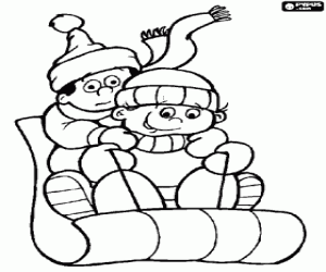 Two children sledding down in a sleigh coloring page