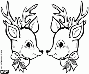 Two Christmas reindeer face to face coloring page