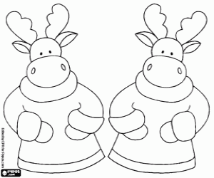 Two Christmas reindeers with coats coloring page