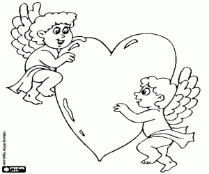 Two cupids and a big heart coloring page