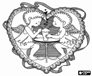 Two cupids and a heart coloring page
