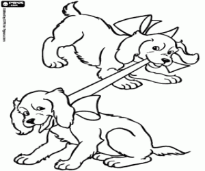 Two dogs playing with a ribbon coloring page