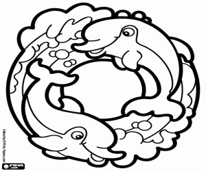 Two dolphins, the number 0 coloring page