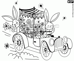 Two Easter rabbits by car coloring page