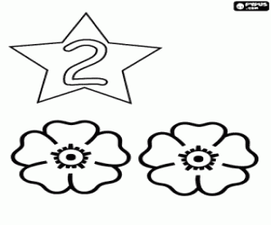 Two flowers and number 2 coloring page