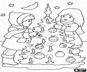 Two girls and the Christmas tree coloring page
