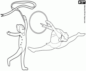 Two gymnasts with ribbon and hoop coloring page