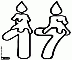 Two lit candles and number seventeen coloring page
