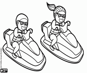 Two people on water scooters coloring page