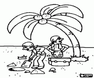 Two pirates burying the coffer of the treasure or the treasure chest with the map near a palm tree coloring page