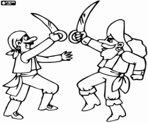Two pirates fighting in a battle coloring page