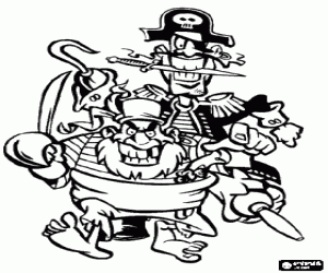Two pirates, the captain with the hook and wooden leg with a knife in his mouth, and his assistant with the machete in his hand coloring page