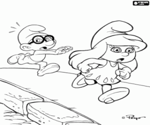 Two Smurfs on the sidewalk coloring page