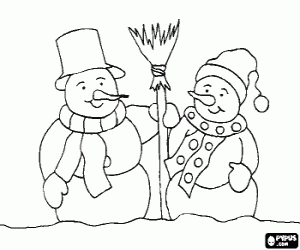 Two snowmen and a broom coloring page