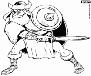 A viking with sword and shield coloring page