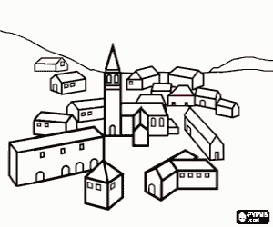 A village with the bell tower coloring page