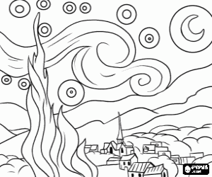 A village on a starry night coloring page