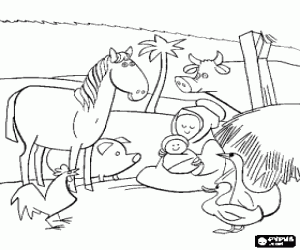 Virgin Maria, Jesus and animals coloring page