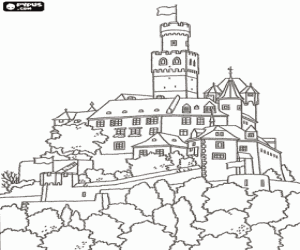 Walled castle on the hill coloring page