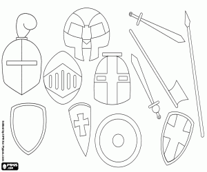 Weapons, helmets and shields coloring page