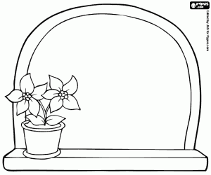 Window in arch and Christmas flower coloring page