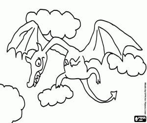 Winged dragon flying among clouds coloring page
