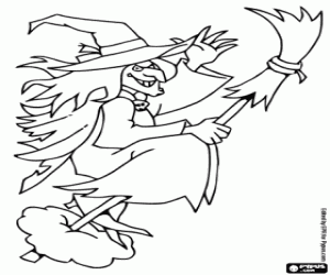 The witch and the flying broom coloring page