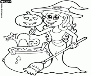 A witch at the Halloween night coloring page