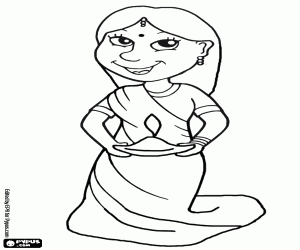 Woman kneeling with an oil lamp in hers hand in the celebration of Diwali coloring page