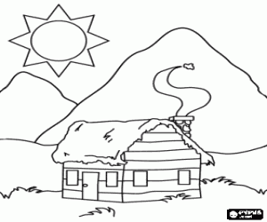Wooden cabin in mountain coloring page