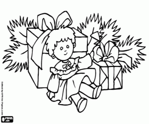 Wrapped boxes and doll for Christmas coloring page
