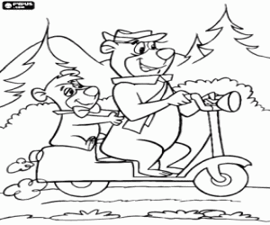 Yogi Bear and Boo-Boo on motorbike coloring page