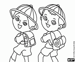 Young adventurers with backpacks coloring page