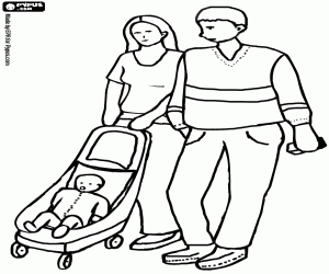 young couple with their baby in the stroller coloring page