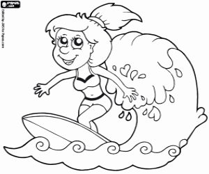 Young girl with the surfboard coloring page