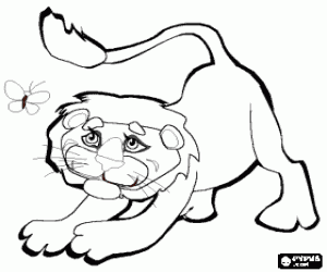 Young lion playing with a butterfly coloring page