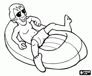 A young man on an inflatable boat coloring page